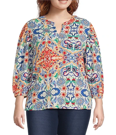 Calessa Plus Size Textured Crinkle Knit Florentine Mosaic Print Banded Split V-Neck Long Balloon Sleeve Tunic