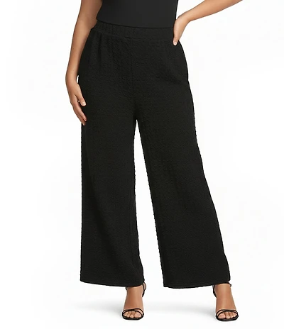 Calessa Plus Size Textured Crinkle Knit Wide Leg Pull-On Pants