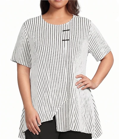 Calessa Plus Size Textured Knit Asymmetric Hem Striped Tunic