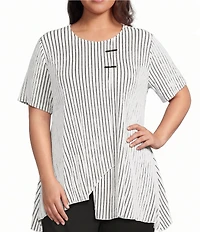 Calessa Plus Size Textured Knit Asymmetric Hem Striped Tunic