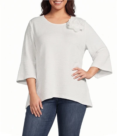 Calessa Plus Size Textured Knit Floral Applique Round Neck 3/4 High Low Tunic