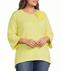 Calessa Plus Size Textured Knit Floral Applique Round Neck 3/4 High Low Tunic