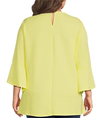 Calessa Plus Size Textured Knit Floral Applique Round Neck 3/4 High Low Tunic