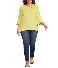 Calessa Plus Size Textured Knit Floral Applique Round Neck 3/4 High Low Tunic