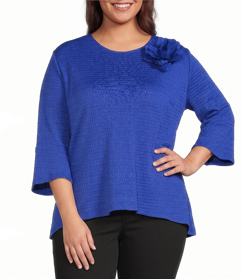 Calessa Plus Size Textured Knit Floral Applique Round Neck 3/4 High Low Tunic