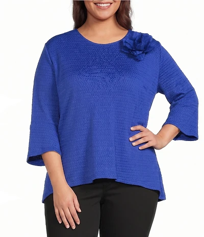 Calessa Plus Size Textured Knit Floral Applique Round Neck 3/4 High Low Tunic