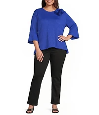 Calessa Plus Size Textured Knit Floral Applique Round Neck 3/4 High Low Tunic