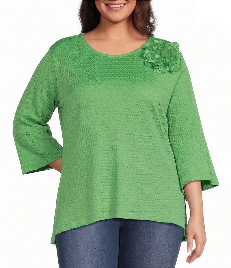 Calessa Plus Size Textured Knit Floral Applique Round Neck 3/4 High Low Tunic