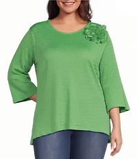 Calessa Plus Size Textured Knit Floral Applique Round Neck 3/4 High Low Tunic