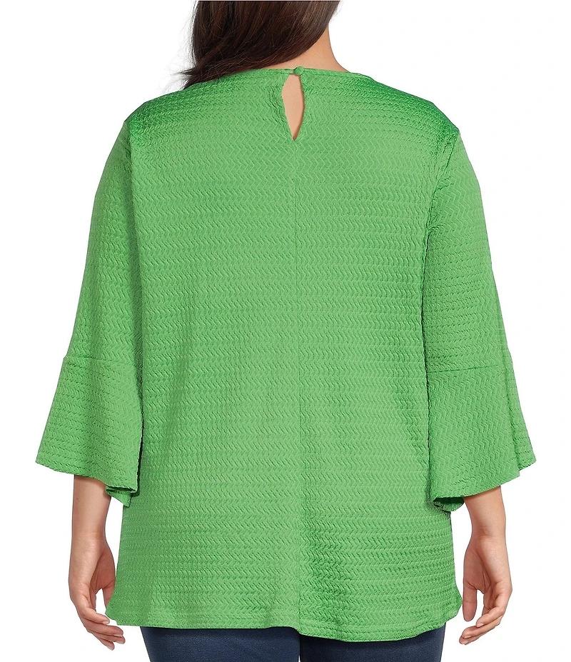 Calessa Plus Size Textured Knit Floral Applique Round Neck 3/4 High Low Tunic