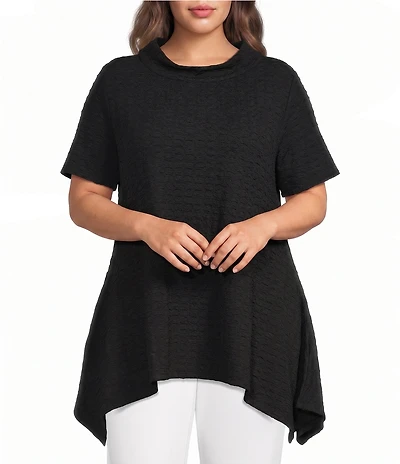 Calessa Plus Size Textured Knit Mock Neck Short Sleeve Asymmetric Tunic