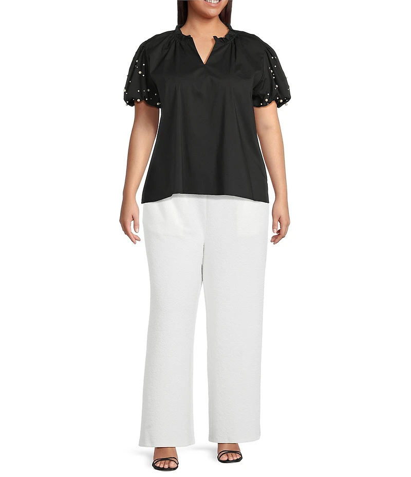 Calessa Plus Size Textured Knit Pull-On Wide Leg Pants