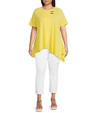Calessa Plus Size Textured Knit Scoop Neck Short Sleeve Asymmetric Hem Tunic