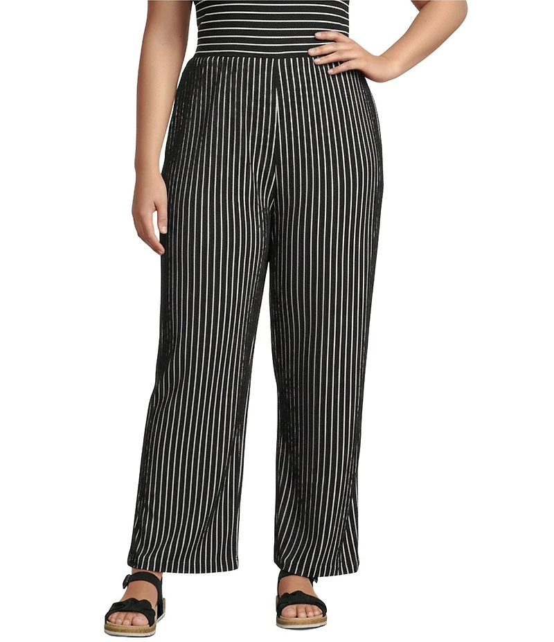 Calessa Plus Size Textured Knit Stripe Wide-Leg Pull-On Ankle Pants