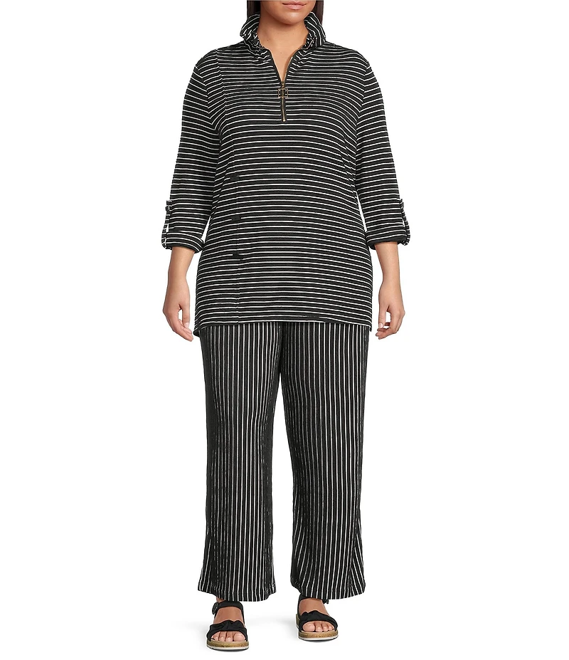 Calessa Plus Size Textured Knit Stripe Wide-Leg Pull-On Ankle Pants