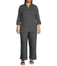 Calessa Plus Size Textured Knit Stripe Wide-Leg Pull-On Ankle Pants