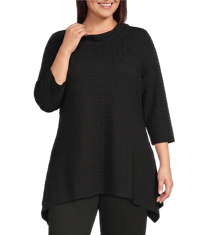 Calessa Plus Size Textured Knit Wide Neck 3/4 Sleeve Asymmetric Tunic
