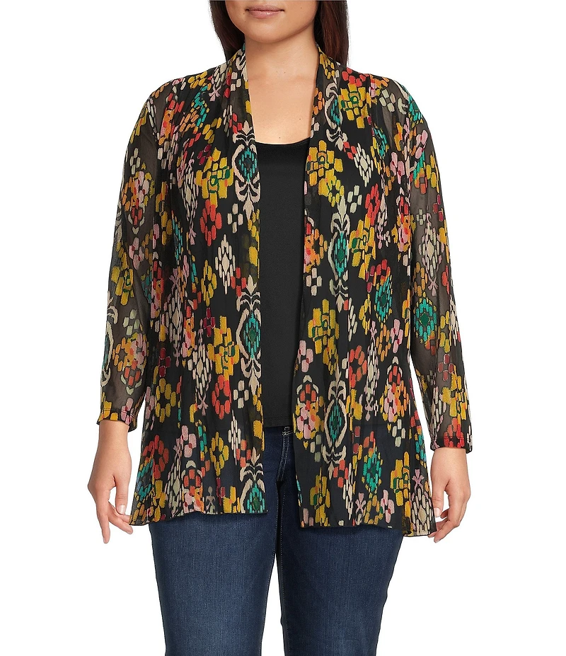 Calessa Plus Size Textured Mesh Tie-Dye Burnout Open Front Cardigan