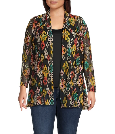Calessa Plus Size Textured Mesh Tie-Dye Burnout Open Front Cardigan