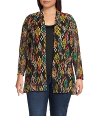 Calessa Plus Size Textured Mesh Tie-Dye Burnout Open Front Cardigan