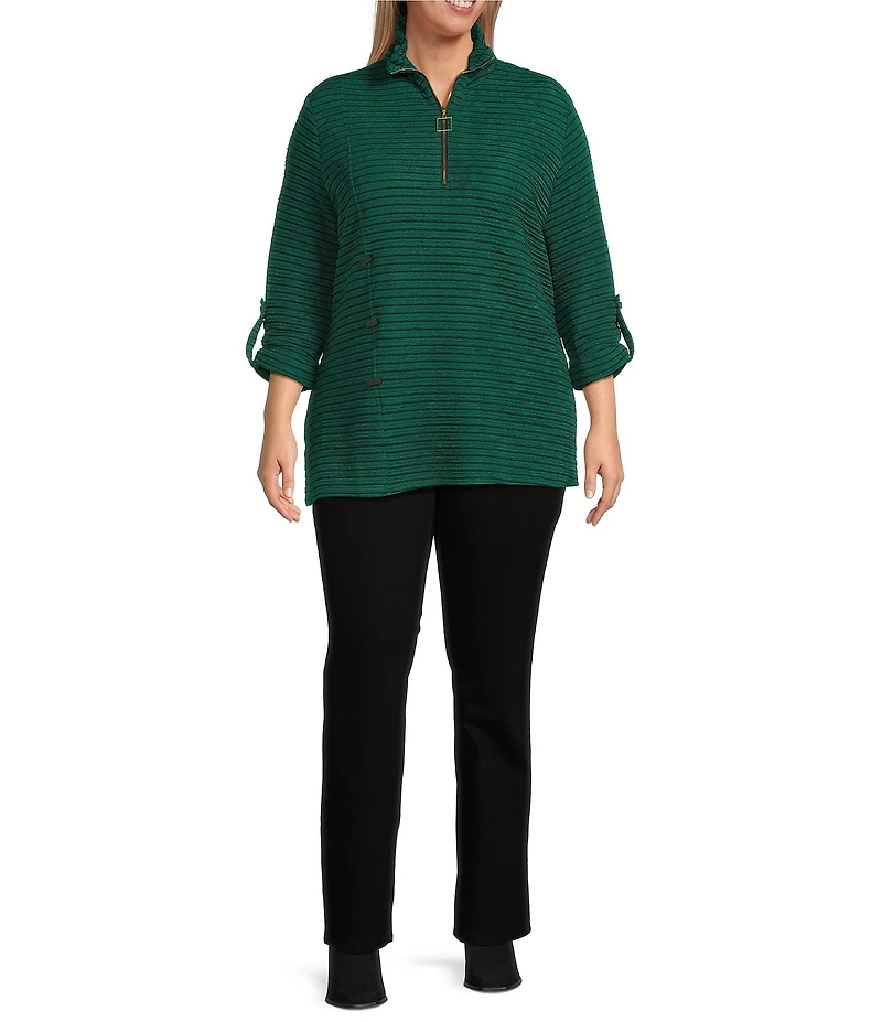 Calessa Plus Size Textured Rib Yarn-Dye Wire Collar 3/4 Roll-Tab Sleeve Quarter Zip-Up Tunic