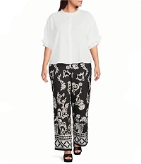 Calessa Plus Size Textured Split Tie Neck Elbow Length Sleeve Button Front Tunic