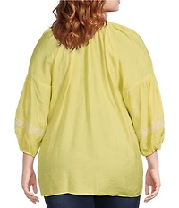 Calessa Plus Size Textured Woven Embroidered Split V-Neck 3/4 Sleeve Tunic