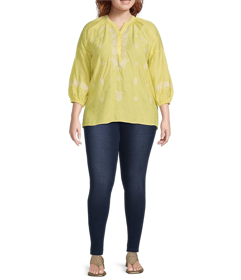 Calessa Plus Size Textured Woven Embroidered Split V-Neck 3/4 Sleeve Tunic