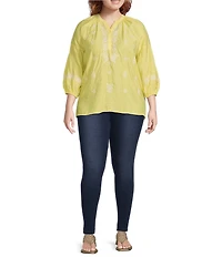 Calessa Plus Size Textured Woven Embroidered Split V-Neck 3/4 Sleeve Tunic