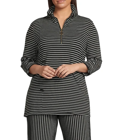 Calessa Plus Size Textured Yarn-Dye Knit Wire Collar 3/4 Roll-Tab Sleeve Quarter Zip-Up Tunic