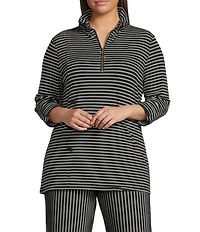 Calessa Plus Size Textured Yarn-Dye Knit Wire Collar 3/4 Roll-Tab Sleeve Quarter Zip-Up Tunic