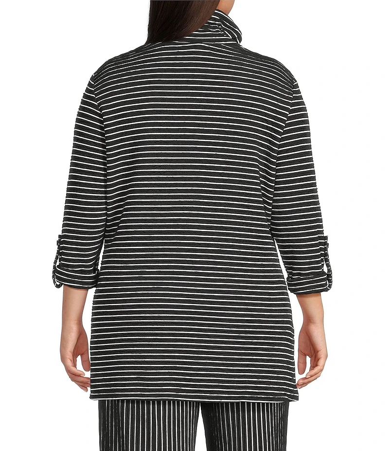 Calessa Plus Size Textured Yarn-Dye Knit Wire Collar 3/4 Roll-Tab Sleeve Quarter Zip-Up Tunic