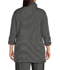 Calessa Plus Size Textured Yarn-Dye Knit Wire Collar 3/4 Roll-Tab Sleeve Quarter Zip-Up Tunic