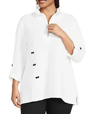 Calessa Plus Size Textured Yarn-Dye Knit Wire Collar 3/4 Roll-Tab Sleeve Quarter Zip-Up Tunic