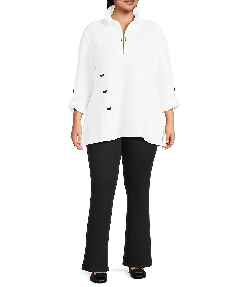 Calessa Plus Size Textured Yarn-Dye Knit Wire Collar 3/4 Roll-Tab Sleeve Quarter Zip-Up Tunic