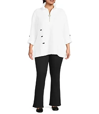 Calessa Plus Size Textured Yarn-Dye Knit Wire Collar 3/4 Roll-Tab Sleeve Quarter Zip-Up Tunic