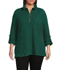 Calessa Plus Size Textured Yarn-Dye Wire Collar 3/4 Roll-Tab Sleeve Quarter-Zip Knit Top