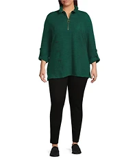Calessa Plus Size Textured Yarn-Dye Wire Collar 3/4 Roll-Tab Sleeve Quarter-Zip Knit Top