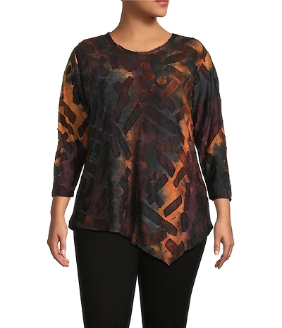 Calessa Plus Size Tie-Dye Print Crew Neck 3/4 Sleeve Asymmetric Tunic