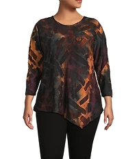 Calessa Plus Size Tie-Dye Print Crew Neck 3/4 Sleeve Asymmetric Tunic
