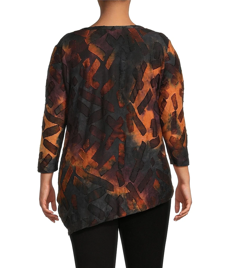 Calessa Plus Size Tie-Dye Print Crew Neck 3/4 Sleeve Asymmetric Tunic
