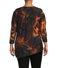 Calessa Plus Size Tie-Dye Print Crew Neck 3/4 Sleeve Asymmetric Tunic