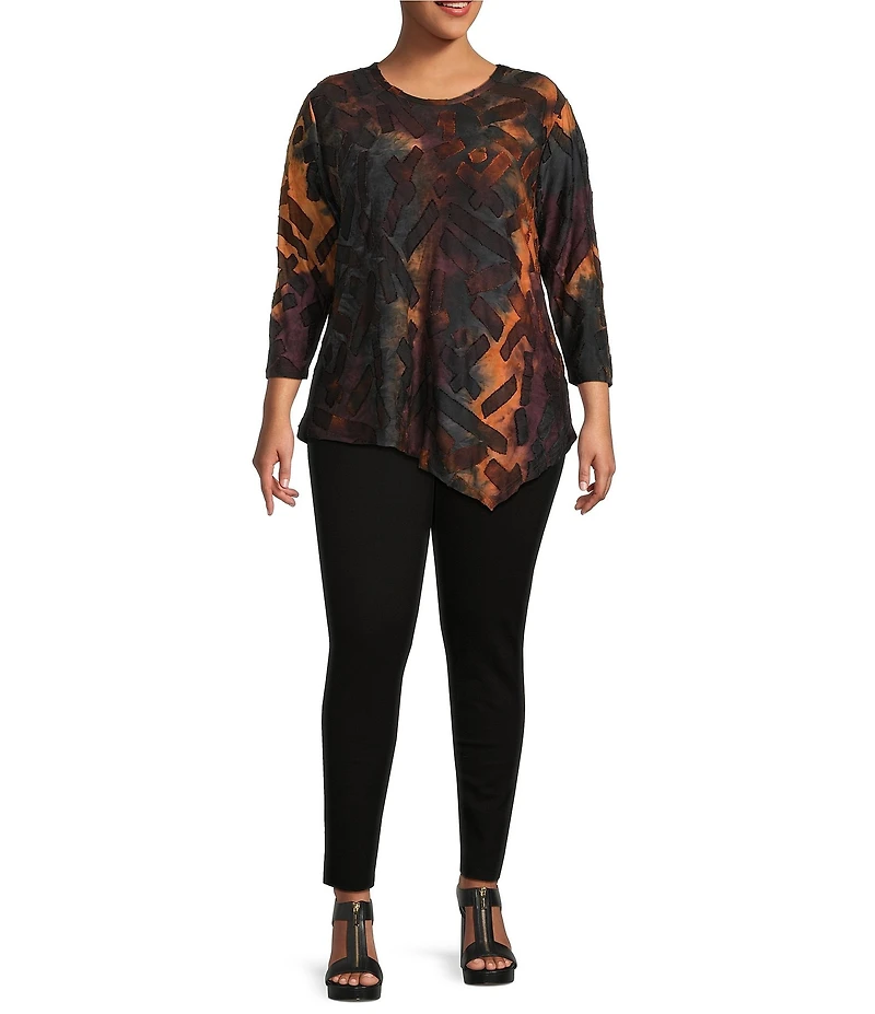 Calessa Plus Size Tie-Dye Print Crew Neck 3/4 Sleeve Asymmetric Tunic