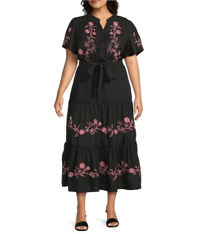 Calessa Plus Size V-Neck Short Balloon Sleeve Comfort Tiered Floral Embroidered Midi Dress