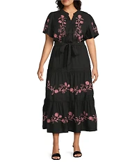 Calessa Plus Size Embroidered Notch V-Neck Short Sleeve Tie-Belt Tiered Midi Dress