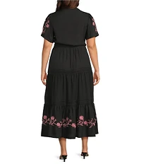Calessa Plus Size Embroidered Notch V-Neck Short Sleeve Tie-Belt Tiered Midi Dress