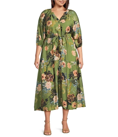 Calessa Plus Size V-Neck Wrist Elasticated Long Sleeved Tiered Floral Printed A-Line Midi Dress