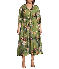 Calessa Plus Size V-Neck Wrist Elasticated Long Sleeved Tiered Floral Printed A-Line Midi Dress