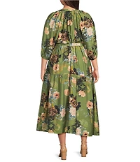 Calessa Plus Size V-Neck Wrist Elasticated Long Sleeved Tiered Floral Printed A-Line Midi Dress