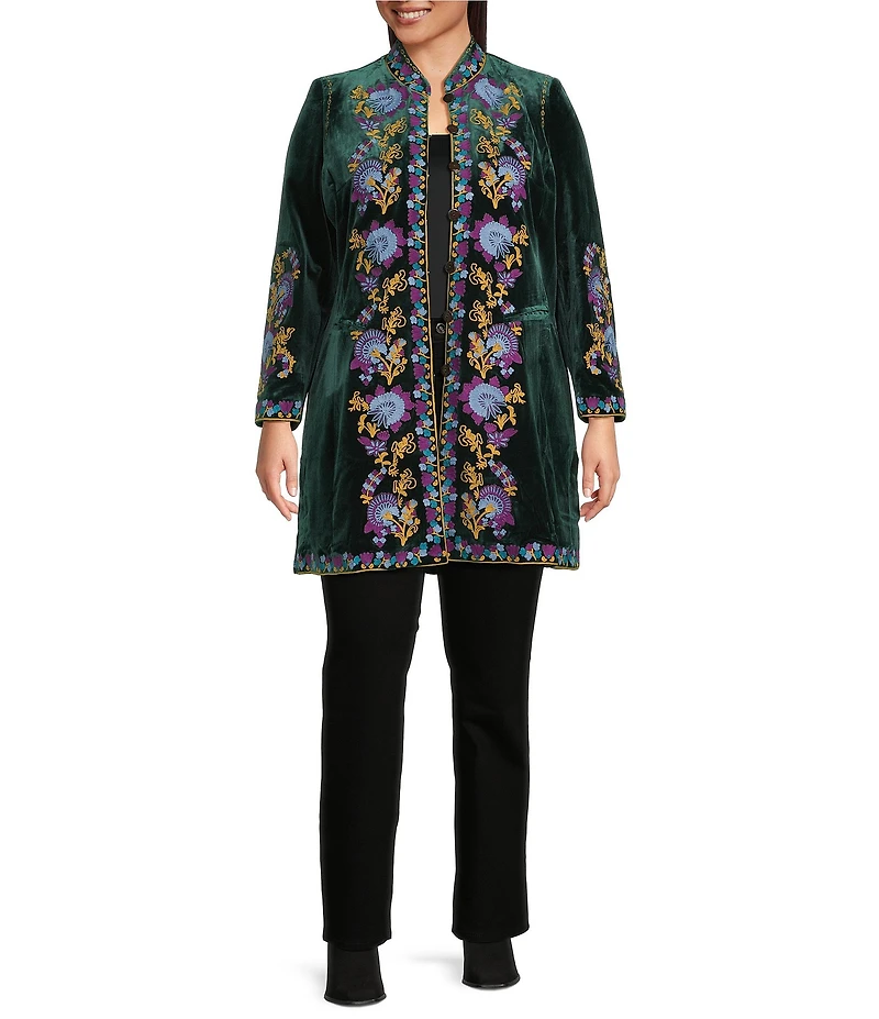 Calessa Plus Size Velvet Floral Embroidered Stand Collar Long Sleeve Jacket